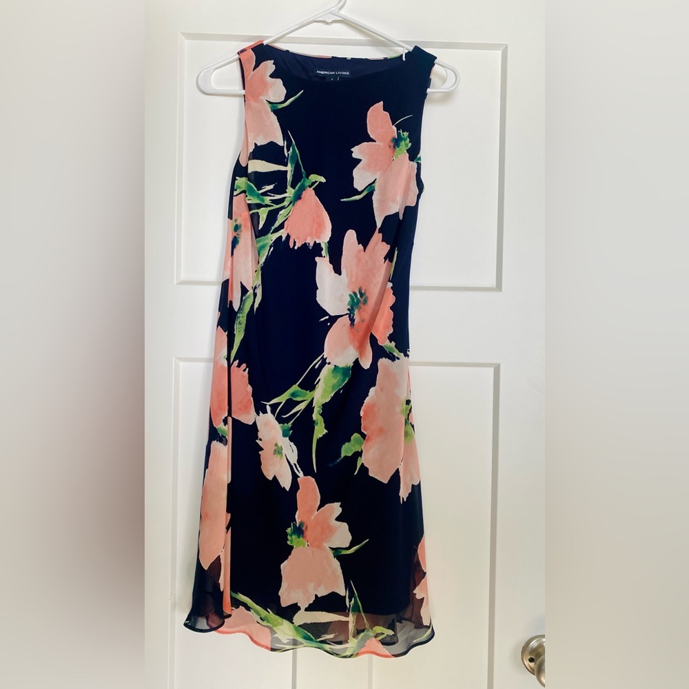 Sleeveless Navy Dress With Bold Pink Floral Design